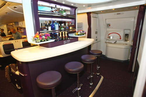 Mile high, not dry ... V Australia's fully-stocked business class bar.